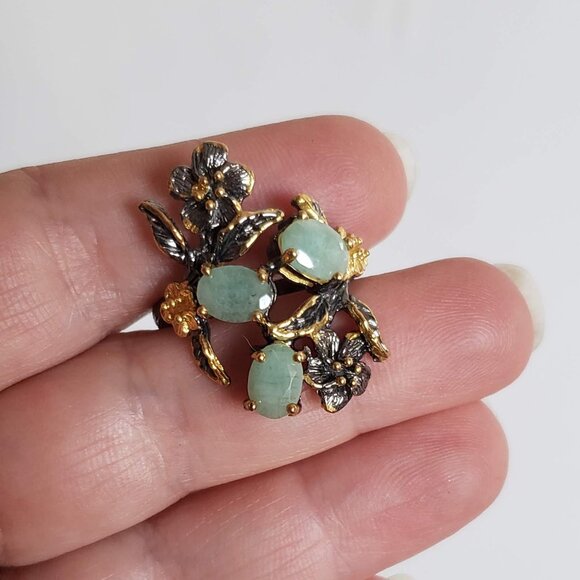New EMERALD Sterling Silver Ring 925 Floral Artisan Gold Accents - Picture 3 of 15